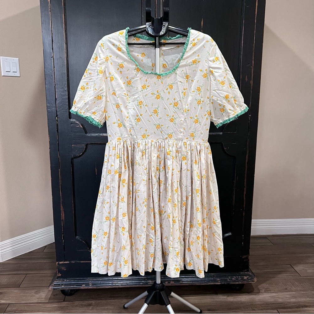 Vintage Floral Dress with Green Trim, Hand Made